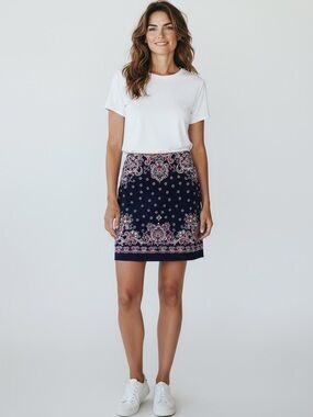 Talbots Paisley Floral Pencil Skirt Navy Blue Red White 8